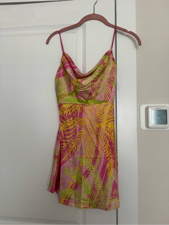 Retrofete Dresses & Skirts - Retrofete Pink, Yellow & Green Tropical Cowl Mini Dress